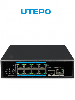 UTEPO UTP7108EPOE - Switch industrial PoE+ de 10 puertos: 8 PoE 10/100 Mbps, 1 SFP 1000 Mbps, 1 RJ-45 10/100/1000 Mbps, PoE 120W, 802.3af/at, hasta 250m en modo CCTV, montaje en DIN rail - Image 1