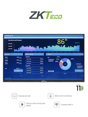 ZKTECO IWB86BMP - Pantalla Digital Interactiva / 86 pulgadas / 4K UHD / Android 11 / Cámara Integrada 48MP / Matriz de 8 Micrófonos / Conexión WiFi / Proyección Inalámbrica / 20 Puntos Táctiles /   Windows Opcional ( Requiere Modulo OPS ) - Image 1