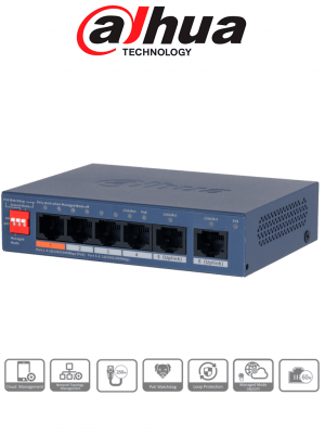 DAHUA DH-CS4006-4GT-60-V2- Switch PoE de 6 Puertos Gigabit/ 4 Puertos PoE 10/100/1000/ 2 Puertos Uplink 10/100/1000/ 60 Watts Totales/ Administrable en la Nube por DoLynk Care/ PoE Hasta 250 Metros/ Carcasa Metalica/ Switching 12 Gbps - Image 1
