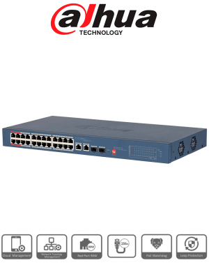 DAHUA DH-CS4226-24ET-240-V2 - Switch PoE de 26 Puertos/ 24 Puertos PoE 10 & 100/ 2Ptos Uplink GE + 2 Puertos SFP/ 2 Ptos PoE de Hasta 90W/ 240 Watts Totales/  Administrable en la Nube por DoLynk Care/ PoE Hasta 250 Metros/ Metal/ Switching 8.8 Gbps - Image 1