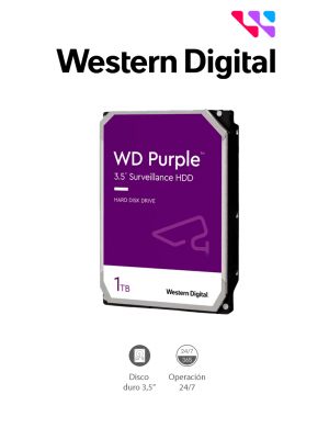 WESTERN WD11PURZ - Disco Duro de 1TB Purple/ Especial Para Videovigilancia/ Trabajo 24/7/ Interface: Sata 6 Gb/s/ Hasta 64 Cámaras/ Hasta 8 Bahías de Discos Duros/ 3 Años de Garantía - Image 1