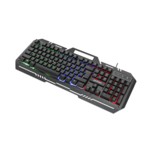MANHATTAN 180610 - Teclado Gaming LED con pánel metálico para celular 12 teclas de función, Conexión USB, Teclado en Español con retroiluminación Rainbow-LED (multicolor), soporte para teléfono, IPX4 (resistente a salpicaduras), negro