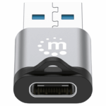 MANHATTAN - 356305 - Adaptador de USB-A a USB-C V3.2 / USB 3.2 Gen 1 Tipo-A Macho a Tipo-C Hembra, 5 Gbps, 3 A, Aluminio, Negro/Gris Espacial