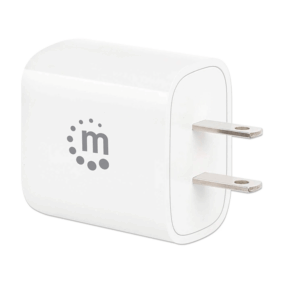 MANHATTAN - 406291 - Cargador de pared mini para carga de energía por USB de 2 puertos - 20 W / Puerto de suministro de energía USB-C de hasta 20 W, puerto de carga USB-A QC (de carga rápida) 3.0 de hasta 18 W, formato compacto, enchufe de EUA, blanco