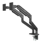 MANHATTAN - 462587 - Soporte aluminio sistema pistón 2 monitores 17" a 45" / Brazos articulados sujetan 2 monitores 17" a 45" hasta 20 kg c/u, mov completo: ajustes altura, inclinación, giro y rotación, instalación abrazadera C o pasacables, negro