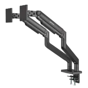MANHATTAN - 462587 - Soporte aluminio sistema pistón 2 monitores 17" a 45" / Brazos articulados sujetan 2 monitores 17" a 45" hasta 20 kg c/u, mov completo: ajustes altura, inclinación, giro y rotación, instalación abrazadera C o pasacables, negro