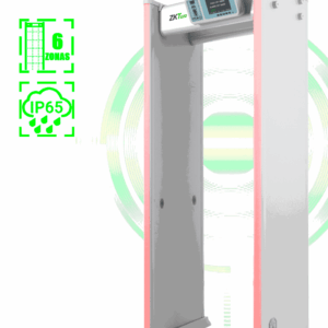 ZKTECO D4330IP65 Arco Detector de Metales con protección IP65 para semi exteriores, con 33 zonas de detección, 300 niveles de sensibilidad, pantalla HD 7", indicadores LED en ambas vistas, control remoto y batería de respaldo incluida.