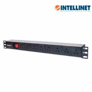 INTELLINET 713993- Barra PDU, 8 contactos, para gabinetes/racks de 19", 1U, con protección contra sobrecarga y botón On/Off.