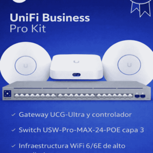 UBIQUITI UniFi Business Pro Kit - Solución empresarial que integra UCG-Ultra como gateway y controlador, switch USW-PRO-MAX-24-POE capa 3 con PoE++ y 2.5G, WiFi 6/6E con U6-PRO y U6-ENTERPRISE, ofreciendo alto desempeño, seguridad y escalabilidad.