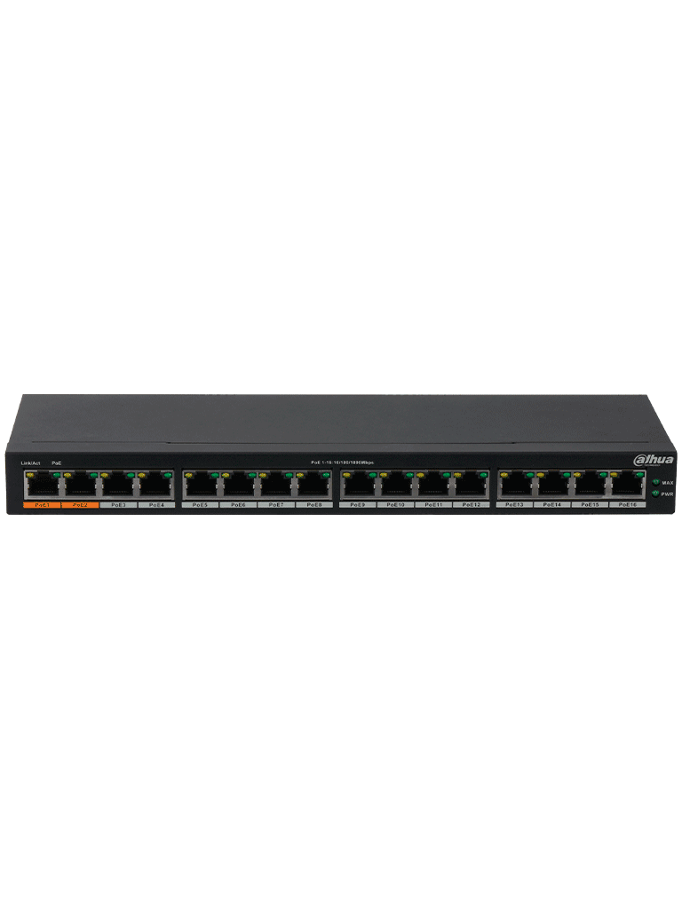 DAHUA DH-PFS3016-16GT-190 - Switch Gigabit PoE de 16 Puertos/ 190 Watts Totales/ Los 2 Puertos Naranjas Soportan Hi-PoE Estandar/ Switching 32 Gbps/ Tasa de Reenvio de paquetes 23.808 Mbps/ Protección Contra Descargas/ - Image 2