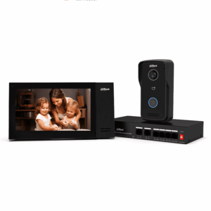 DAHUA DHI-KTP02 - Kit de videoportero IP con monitor táctil de 7" de 8GB de memoria embebida, soporte para alarmas 6&1, frente de calle con apertura remota y tarjetas Mifare (IC Card). Incluye un switch PoE de 4 puertos 10/100.