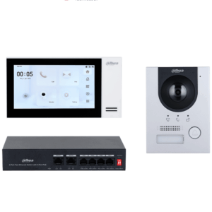 DAHUA KTP01L(S) - Kit de Videoportero IP con Frente de Calle Metálico Antivandálico  y cámara de 2MP. Incluye monitor táctil de 7", ranura SD, control de puerta, E/S de alarmas, y switch PoE de 6 puertos, 36W. Ideal para seguridad avanzada/