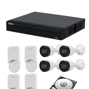 DAHUA KITNVR1104HS-P+4C+4S 1TB- Kit IP de 4 canales con NVR con 4 puertos PoE, 1TB de almacenamiento, y 4 cámaras bullet de 2MP con clasificación IP67. Incluye caja de conexiones PFA12A de policarbonato resistente, ideal para exteriores.