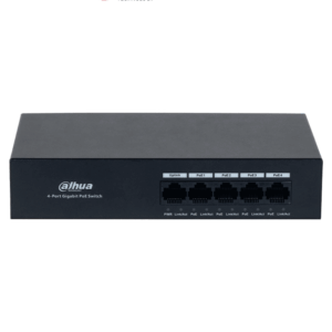 DAHUA DH-PFS3005-4GT-36 - Switch con 4 puertos Gigabit PoE y 1 puerto Uplink RJ45 10/100/1000 Mbps. Ofrece protección contra descargas eléctricas, ideal para alimentar dispositivos IP. Incluye fuente de Poder.