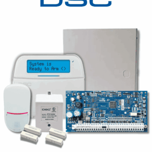 DSC NEO-LCD-SB -Paquete SERIE NEO con panel HS2032 de 8 zonas cableadas expandible a 32 / Teclado Alfanumérico HS2LCDN / Sensor PIR LC-200 Cableado / 2 contactos cableados / Transformador / Gabinete GTVCMX003 / Sin Batería