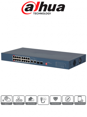 DAHUA DH-CS4218-16ET-240-V2 - Switch  PoE Administrable de 18 Puertos / 16 Puertos PoE/ 240 Watts Totales/ Interfaz Web/ Puerto 1 y 2 Soportan 90 Watts/ 2 Puertos SFP/ 2 Puertos Uplink/ Administrable Cloud Dolink Care/ PoE Watchdog/ Switching 8.8 Gbps/ - Image 1