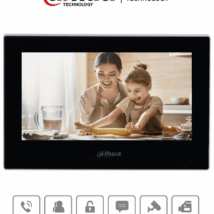 DAHUA VTH2621G-P - Monitor IP táctil de 7" en negro, Serie Lite, ideal para interiores. Soporta PoE estándar, hasta 4 cámaras de entrada y 4 monitores adicionales. Incluye modo No Molestar, 6 entradas/salidas de alarma, y compresión H.265