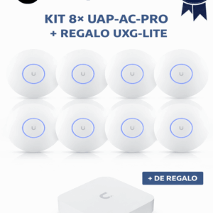 UBIQUITI KIT 8× UAP-AC-PRO + REGALO UXG-LITE – Paquete de 8 puntos de acceso UAP-AC-PRO de doble banda con MU-MIMO y PoE para cobertura Wi-Fi de alta densidad. Incluye de regalo el UXG-Lite para seguridad, routing y gestión centralizada.