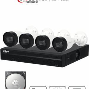 DAHUA KITNVR1104HS-P+4C1TB- Kit IP de 4 canales con NVR con 4 puertos PoE, 1TB de almacenamiento, y 4 cámaras bullet de 2MP con IR de 30 metros y clasificación IP67 para exteriores. Ideal para una vigilancia eficiente y robusta.