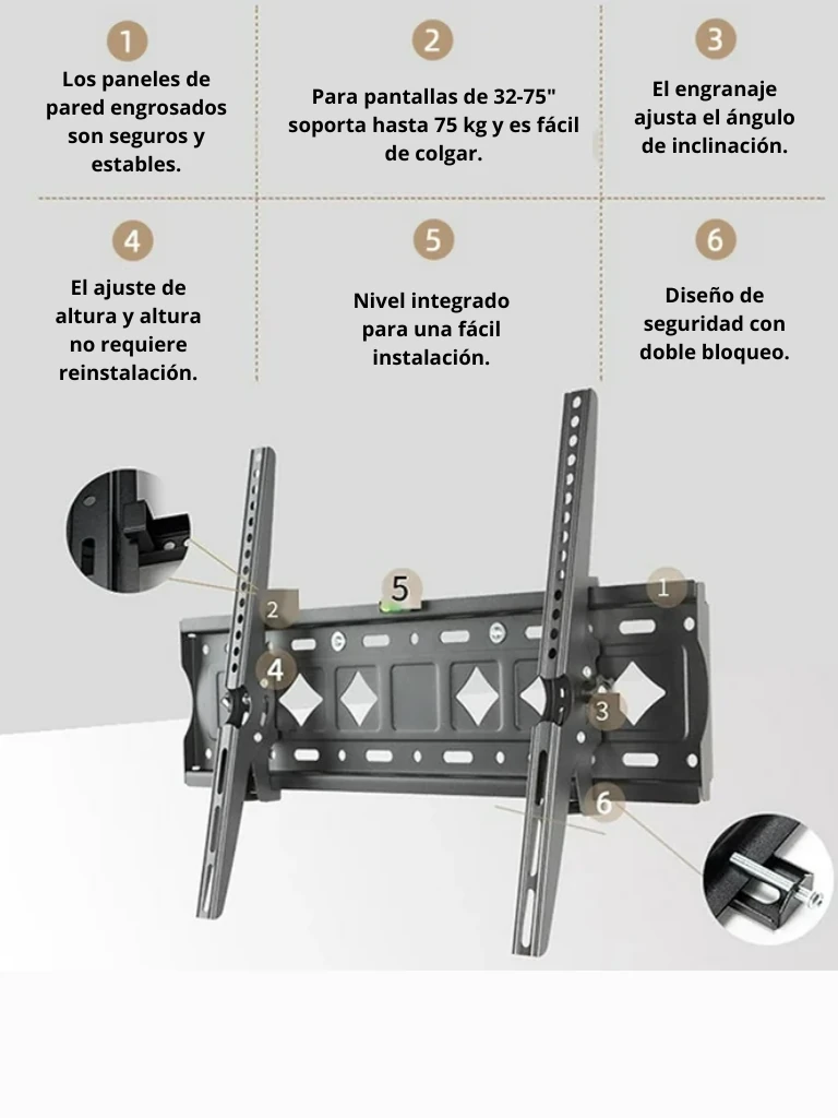 TCE LMDBJ05 - Soporte de Pared Fijo para Pantallas de 32 a 75 " , Carga Máxima 75Kg , VESA 600x400mm / 400x400mm / 400x200mm , Ajuste de Inclinación - Image 3