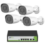 ZKTECO POE4255CPAK - Paquete de 4 Cámaras IP Bullet Full Color 5MP BS855P12CS7CMI con Switch PoE Fast Ethernet 4 Puertos AF/AT