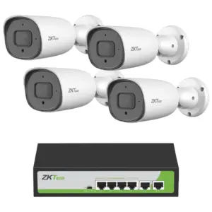 ZKTECO POE4255CPAK - Paquete de 4 Cámaras IP Bullet Full Color 5MP BS855P12CS7CMI con Switch PoE Fast Ethernet 4 Puertos AF/AT