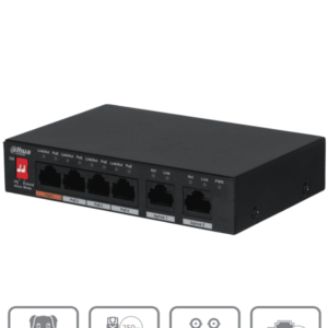 DAHUA PFS3006-4ET-60 - Switch PoE de 6 Puertos Fast Ethernet/ 4 Puertos PoE/ 2 Puertos Uplink/ 60 Watts Totales/ Soporta PoE Watchdog/ Puerto 1 Soporta Hi-PoE 60 Watts/ Capacidad de Switching de 1.8 Gbps/
