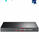 TP-LINK TL-SL1218P - Switch PoE+ no administrable con 16 puertos 10/100 Mbps, 2 puertos 10/100/1000 Mbps y 1 puerto SFP. Incluye 8 puertos extensores PoE (hasta 250 m), capacidad de 150W, diseñado para vigilancia IP.
