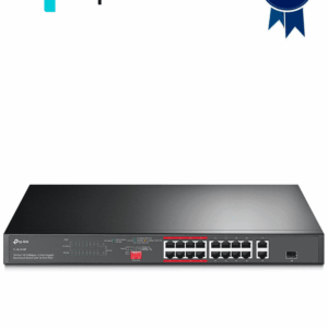 TP-LINK TL-SL1218P - Switch PoE+ no administrable con 16 puertos 10/100 Mbps, 2 puertos 10/100/1000 Mbps y 1 puerto SFP. Incluye 8 puertos extensores PoE (hasta 250 m), capacidad de 150W, diseñado para vigilancia IP.