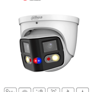 DAHUA IPC-PDW3849-A180-AS-PV Cámara IP WizSense Eyeball con multivisión en dos sensores de 4MP, ofreciendo un ángulo de 180°. Con IR de 25 m, LED de 20 m, disuasión activa, ePTZ, micrófono, altavoz, y protección IP67.