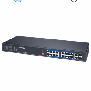 VIVOTEK AW-FGT-180P-250 - Switch PoE no administrable con 16 puertos PoE FE RJ45, 2 puertos Combo GE RJ45/SFP, 30W por puerto, 250W totales, Modo Extendido Adaptable hasta 250m, 7.2 Gbps y protección 6KV.