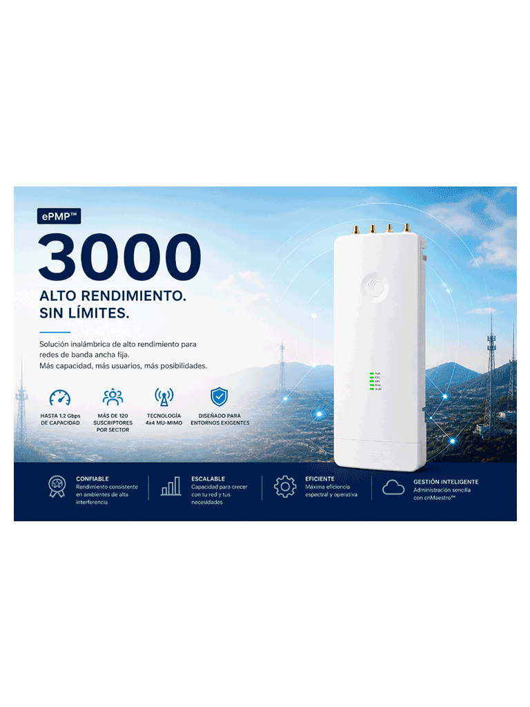 CAMBIUM ePMP 3000- RADIO CONECTORIZADO CON FILTRO INTELIGENTE Y SINCRONIZACION GPS/ PTP/ PTMP 120 SM / 5 GHZ/ EXTERIOR/ MU-MIMO 4X4/ GIGABIT LAN/ 32 DBM/ C050910A101A - Image 2