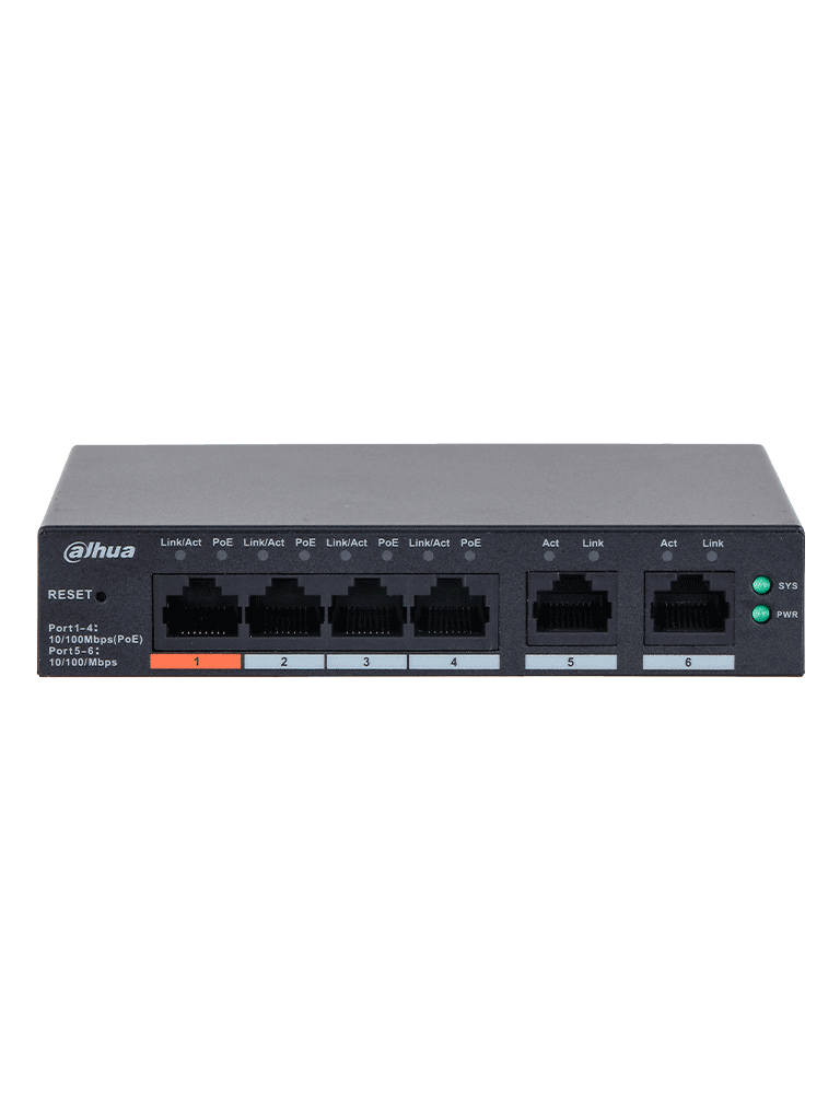 DAHUA DH-CS4006-4ET2ET-60 - Switch PoE de 6 Puertos Administrable con 4 PoE (10/100 Mbps) y 2 uplink (10/100 Mbps). Total de 65 W PoE, administración en la nube con DoLynk Care, carcasa metálica robusta, ideal para redes IP. - Image 2