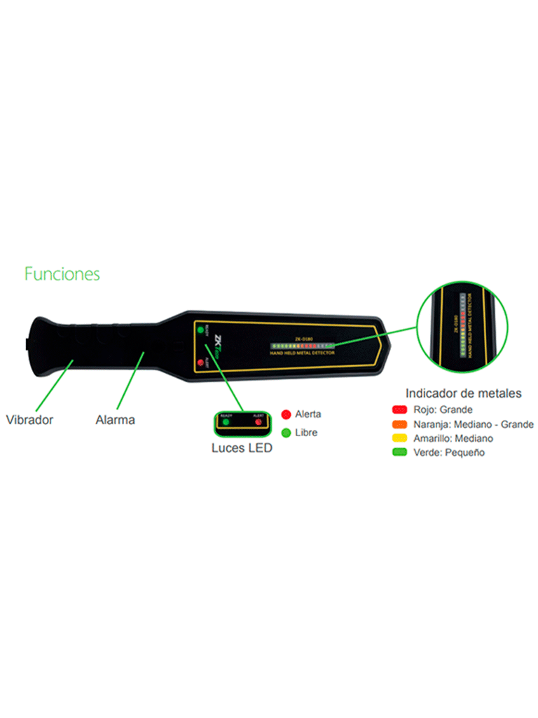 ZKTECO D180 - Detector de metales portátil con alta sensibilidad, indicador visual, alarmas sonora y vibración. Su batería recargable de 9VDC proporciona hasta 40 horas de uso continuo, ideal para aplicaciones de seguridad eficientes y prolongadas. - Image 4