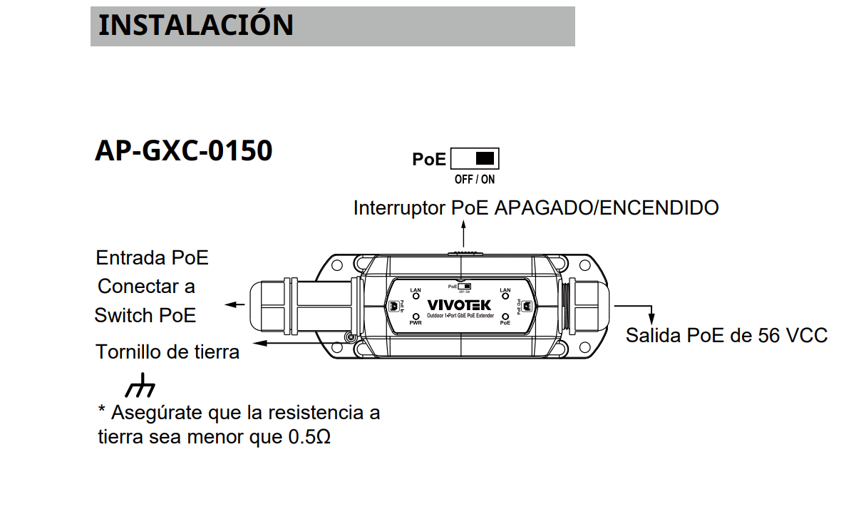 VIVOTEK AP-GXC-0150 - Extensor PoE para exterior con 1 puerto Gigabit GE, conexión en cascada hasta 300m, salida PoE de hasta 68W, y protección IP67 e IK10. - Image 2