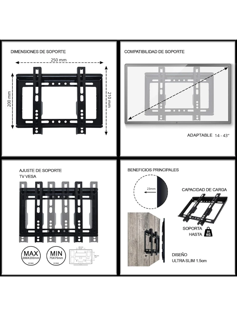 TCE LMDM1940W - Soporte de Pared Fijo para Pantallas de 14 a 43” Carga 20 Kg, VESA 100x100mm / 200x200mm, Color Negro - Image 3