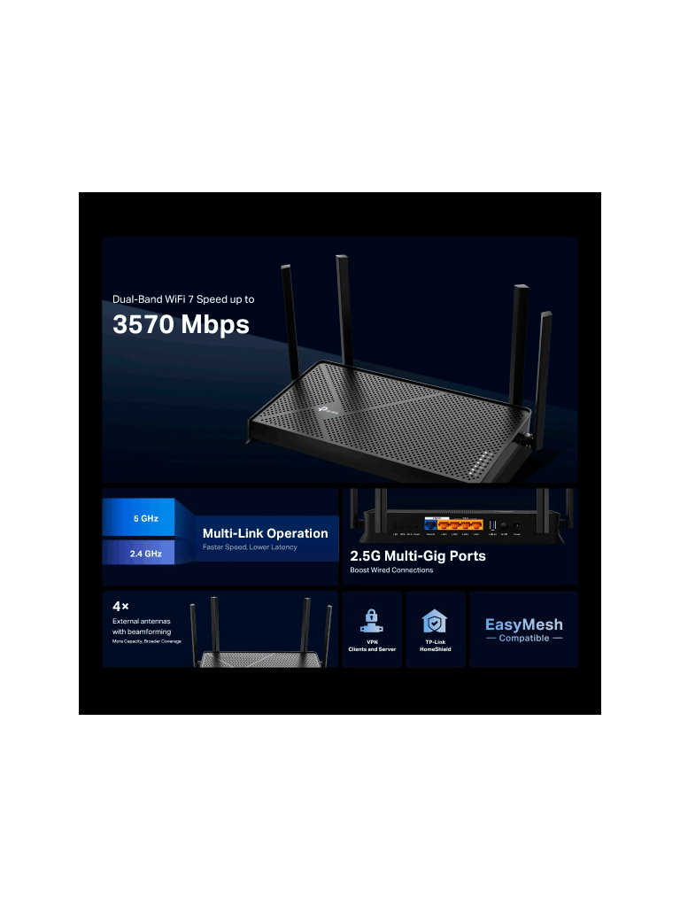 TP-LINK Archer BE230 - Router Wi-Fi 7 con Puertos Multi-Gigabit/ WiFi 7 de Doble Banda a 3.6 Gbps/ Compatible con EasyMesh/ 2× Puertos de 2.5Gb - Image 2