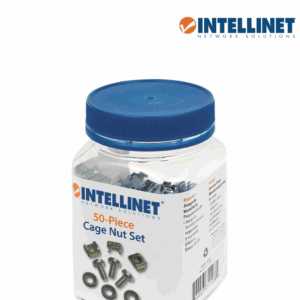INTELLINET - 711081 - Bote de tornillos M6 con tuerca enjaulada, 50 juegos / Bote con 50 juegos de tornillo M6, tuerca enajulada y arandela de plástico, plateado