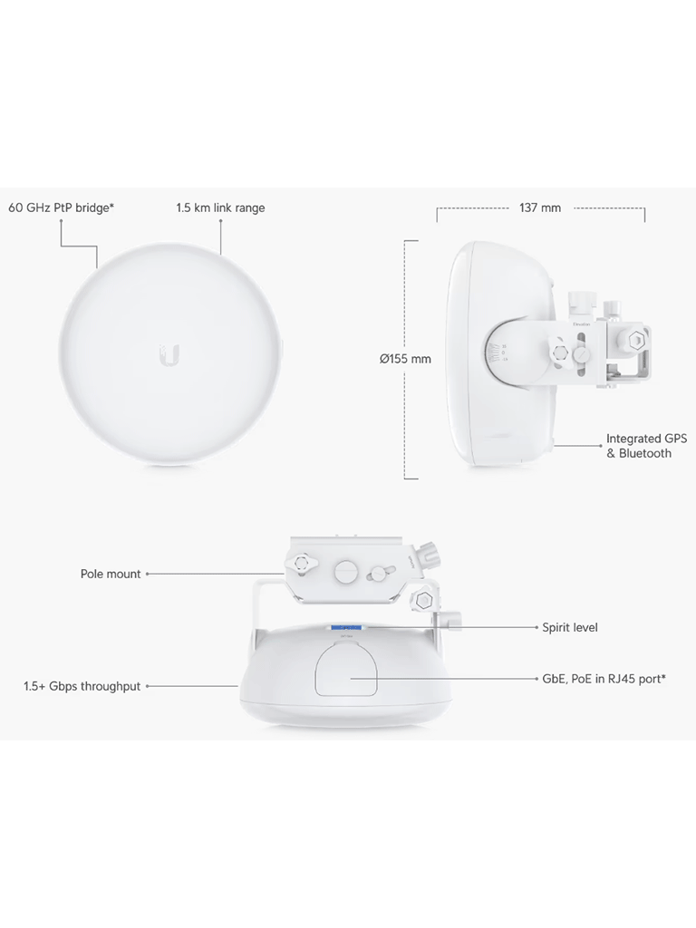 UBIQUITI GBE-PLUS - Radio airMAX AC de alta capacidad, radio principal de 60 GHz y antena de 35 dBi, Rendimiento True Duplex Gigabit - Image 4