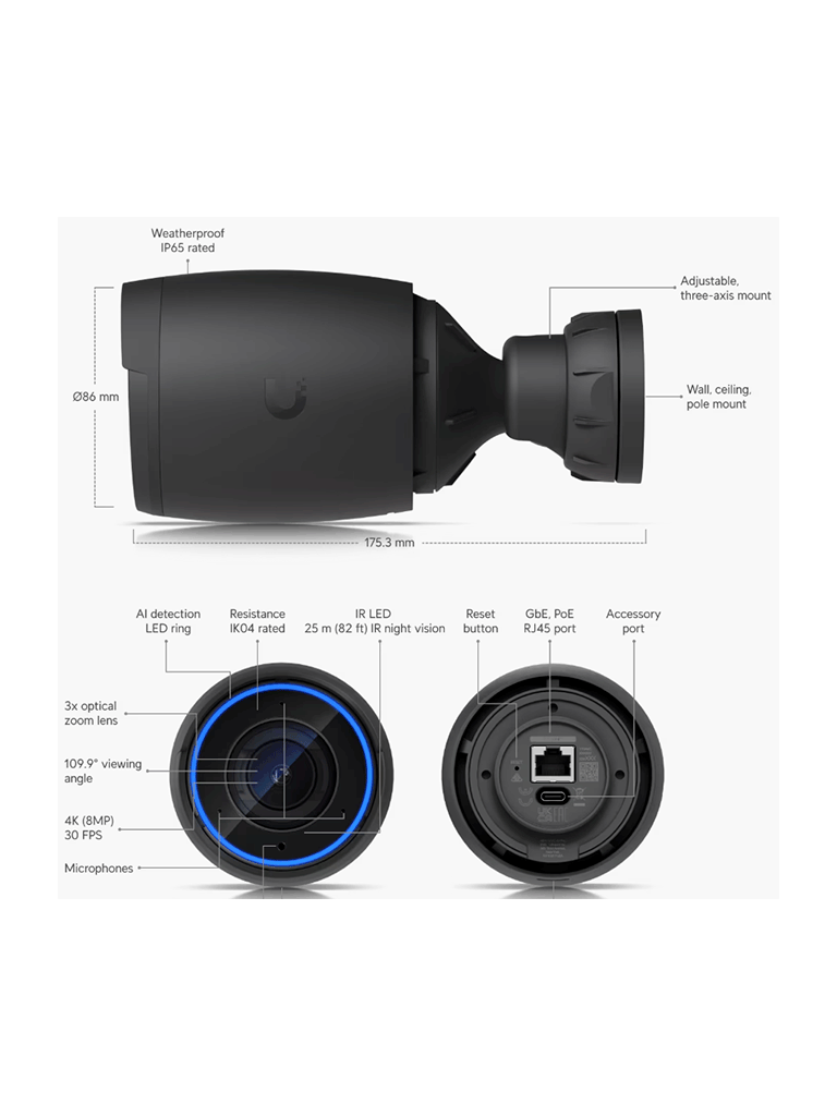 UBIQUITI UVC-AI-PRO - Cámara 4K, Zoom óptico 3X, IA avanzada: detecta personas, lee matrículas , IR 25 metros , microfono integrado, audio bidireccional , Exterior/Interior, POE+ (Color Negro). - Image 2