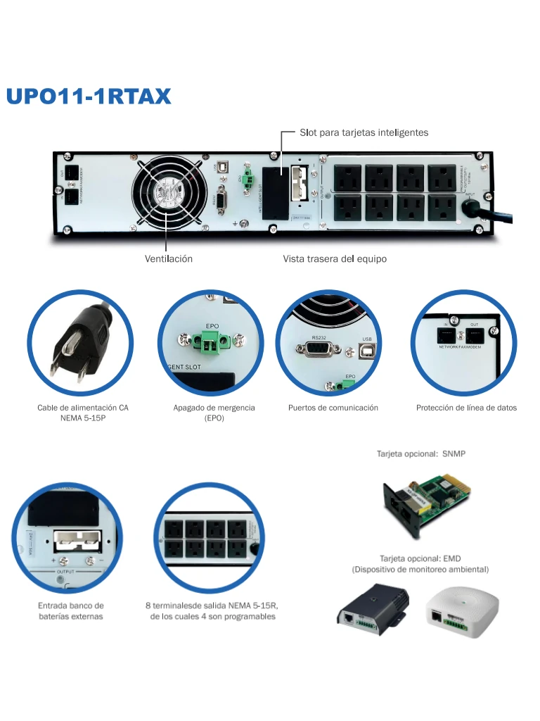 CDP UPO11-1RT AX - UPS de 1000VA y 1000W con 8 terminales, 4 programables, pantalla LCD, 5 min de respaldo a carga completa, disponible sobre pedido. - Image 3