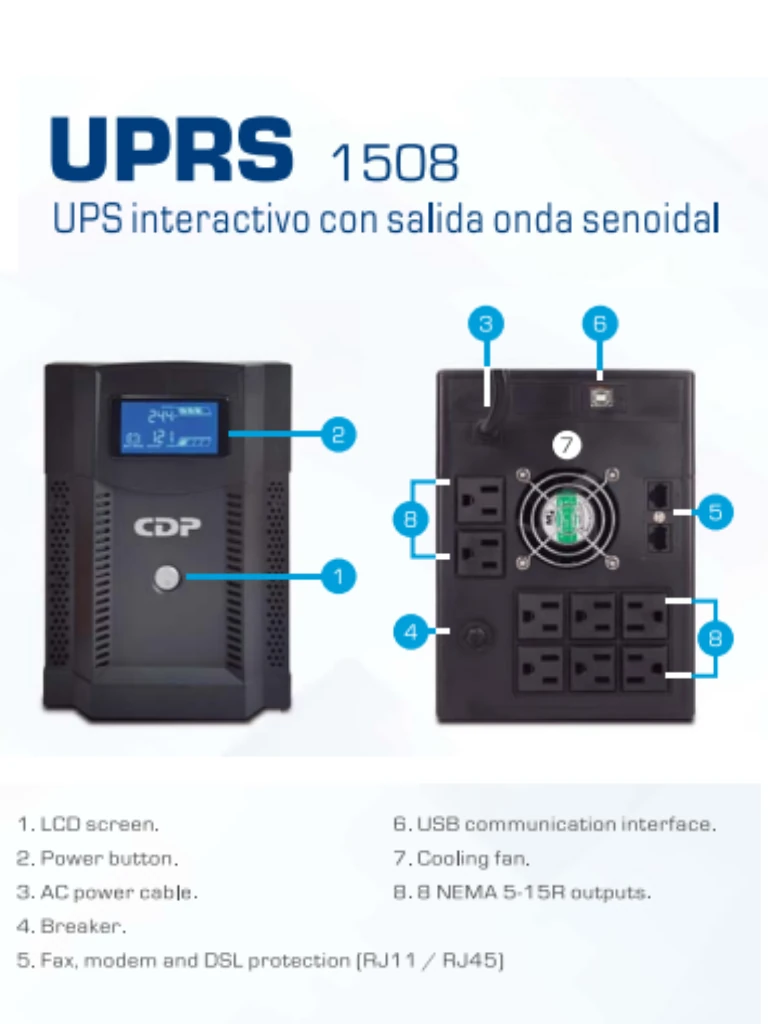 CDP UPRS1508 - UPS Iinteractivo / 1500VA / 1050W / Onda senoidal pura / Voltaje de entrada 120VCA / 8 Terminales de salida - Image 2