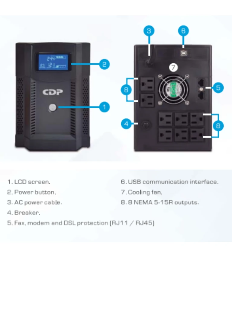 CDP UPRS2008 - UPS de 2000VA y 1400W con onda senoidal pura, baterías de 12V a 9AH x 2, interfaz de comunicación USB, disponible sobre pedido - Image 2