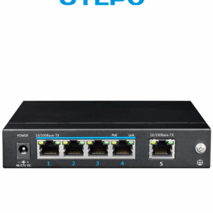 UTEPO UTP3SW0401TP60 - Switch PoE no administrable de 5 puertos Fast Ethernet, 4 puertos PoE (60W totales), 1 puerto uplink, compatible con 802.3af/at, conexión hasta 250m en modo CCTV