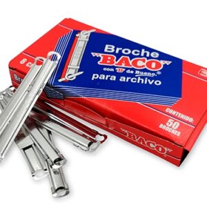 Broche Económico Metálico BACO B-082 14962. Ancho de 8 cm. Caja con 50 Broches. Ajustable.