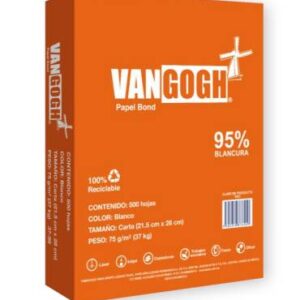 Papel tamaño carta color blanco marca VANGOGH 75gr 95 blancura 17502250376216 10 resmas con 500 hojas cada una desempeño 120 paginas por minuto 4.5 kg