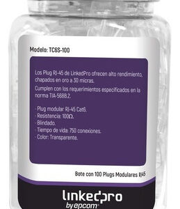 LinkedPRO Bote TC6S-100 con 100 Piezas de Plug Modular RJ45 Cat6 blindado - chapado de oro a 30 micras para durabilidad extrema SIN PIN DE TIERRA
