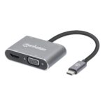 MANHATTAN 130691 Docking Station de USB-C a HDMI y VGA - 4 en 1, con suministro de energía, Crea una configuración de doble pantalla.
