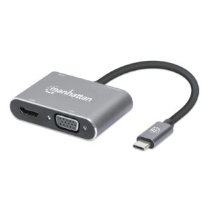 MANHATTAN 130691 Docking Station de USB-C a HDMI y VGA - 4 en 1, con suministro de energía, Crea una configuración de doble pantalla.