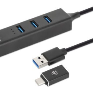 MANHATTAN 180894 Adaptador USB-A macho con acoplador USB-C macho a conector RJ-45 hembra y tres conectores USB-A de 5 Gbps de Súper Velocidad (USB 3.2 Gen1) - aliment